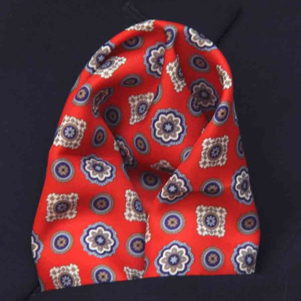 Gascoigne Pocket Square Silk Blend Fancy Geometric Red Gray, Brown, Blue Men's